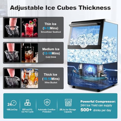 Amzgachfktch Commercial Ice Maker 100 Lbs/24H, Auto Self-Cleaning Ice Maker