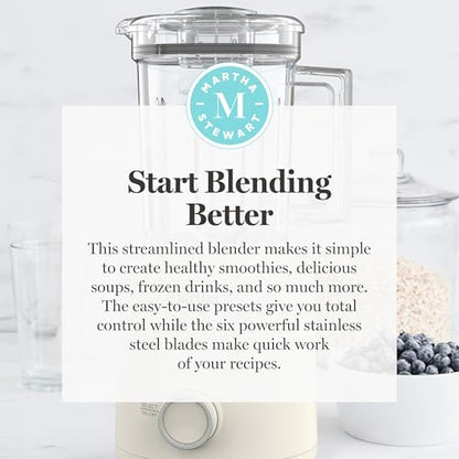 Martha Stewart 50oz Countertop Blender, Smoothie, Margarita & Ice Crushing Blender, BPA-Free Pitcher, 3 Speeds, 5 Presets, Auto-Clean Function, Dishwasher Safe, Stainless Steel Blades, Linen Cream