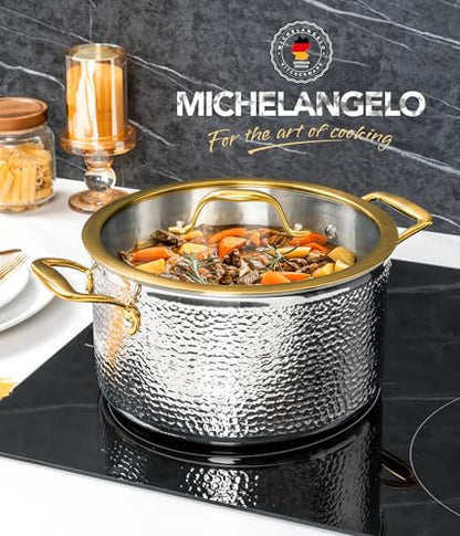 Michelangelo Triply Stainless Steel Stock Pot with Lid, Luxury Hammered Stainless Steel 6 Quart Pot with Lid & Golden Handle, Premium Induction Stockpot - 6QT