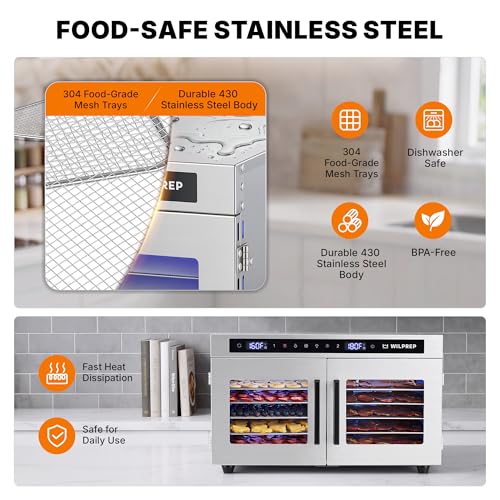 WILPREP Dual-Zone Food Dehydrator for Jerky, 12-Tray, 13 sq ft Food Dryer with Independent Control & 86–185°F Temp Range, Stainless Steel Dehydrator for Homemade Jerky Fruit Herbs Snacks