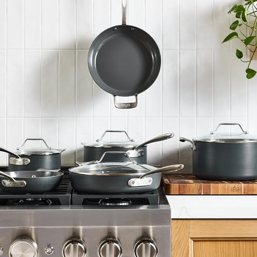 All-Clad HA1® Ceramic Nonstick, 10 Piece Cookware Set - Oven Safe up to 450° & Compatible with All Stovetops (Gas, Electric & Induction), Light Grey