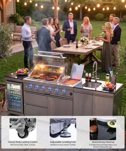 Outdoor Kitchen Island Barbecue Grill with Refrigerator & Rotisserie, Heavy-Duty Stainless Steel Freestanding Grills Station, Weather-Resistant Cooking Cabinet for Backyard & Summer Propane Gas