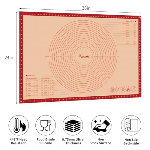 Extra Large Silicone Pastry Mat for Counter Rolling Dough,36x24 Inch,0.75mm Thick,Non Slip Silicone Baking Mat with Measurement(36 x 24 In,Red)