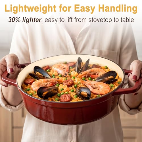 Lightweight Enameled Cast Iron Braiser - 4.5QT Braiser Pan with Glass Lid, Shallow Dutch Oven for Braising, Simmering