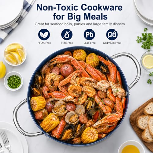 MICHELANGELO 10 Quart Stock Pot with Lid, Large Ceramic Nonstick Soup Pot for Seafood Boil, Crab, Pasta & Holiday Cooking, Non Toxic Induction Stockpot with Stainless Steel Handles, Blue
