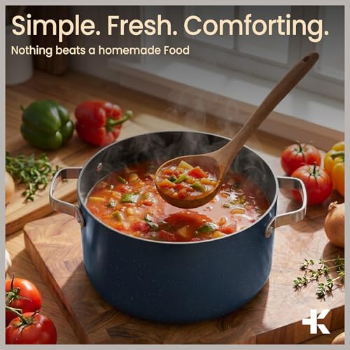 Bakken 5 Quart Ceramic Coated Stock Pot with Lid, Easy to Clean Nonstick Pot, Tempered Glass Lid, Riveted Stainless Steel Handles, Oven Safe Up To 500°F, PTFE & PFAS Free, All Stove Compatible, Blue