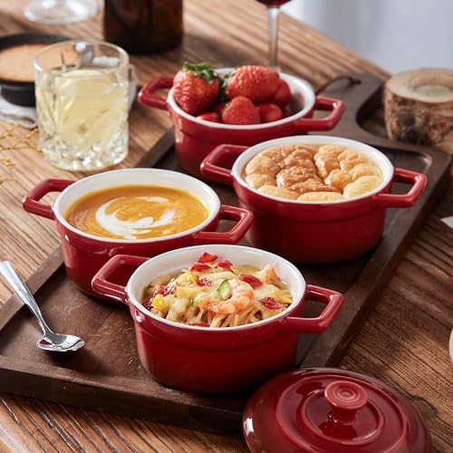 Lareina Mini Cocotte - 12oz Ceramic Casserole Dishes - Kitchen Casserole Sets With Handles And Lid - Small Baking Ramekins - Oven, Microwave & Dishwasher Safe - Set of 4 - Red