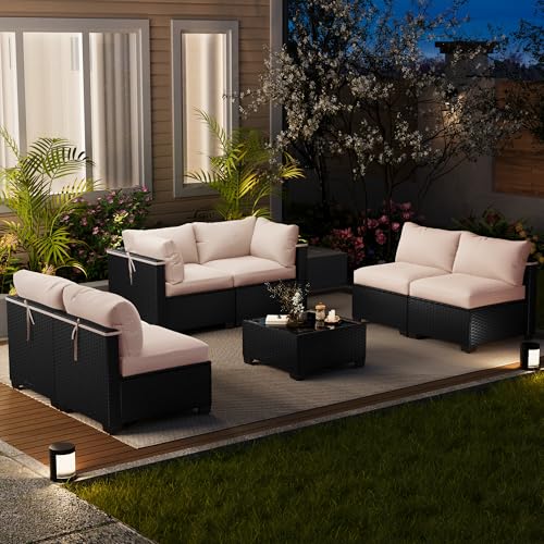 LOUVIXA 7 Piece Outdoor Patio Furniture Set, Outdoor Sectional Sofa, Wicker Rattan Patio Furniture, Patio Conversation Set with Coffee Table & Cushions