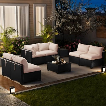 LOUVIXA 7 Piece Outdoor Patio Furniture Set, Outdoor Sectional Sofa, Wicker Rattan Patio Furniture, Patio Conversation Set with Coffee Table & Cushions