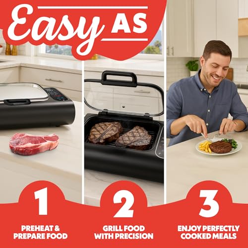 Gourmia Smokeless Indoor Grill - Air Fryer Combo with Smoke Extractor, 5 Cooking Presets, Grill, Air Fry, Roast, Bake, Dehydrate, Countertop Cooker, Glass Lid