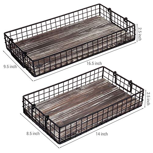 MyGift 16 and 14 Inch Large Nesting Countertop Storage Baskets with Handles, Rustic Torched Wood and Black Metal Wire Decorative Shelf Organizer Bins, 2 Piece Set