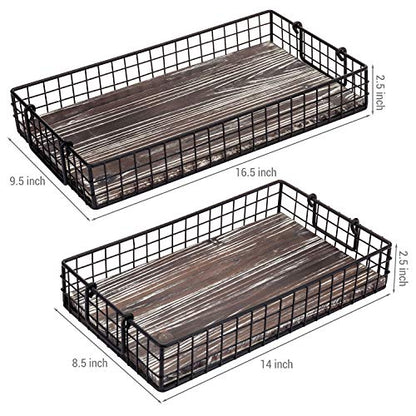 MyGift 16 and 14 Inch Large Nesting Countertop Storage Baskets with Handles, Rustic Torched Wood and Black Metal Wire Decorative Shelf Organizer Bins, 2 Piece Set