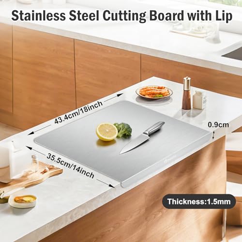 Stainless Steel Cutting Board with Lip, Large Metal Chopping Board with Counter Edge, Dishwasher Safe Non-Slip Pastry Board for Meat Vegetables & Baking(18x14)
