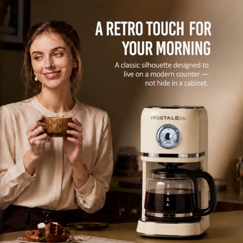 Nostalgia Classic Retro 10 Cup Coffee Maker - One-Touch Drip Brew, Reusable Filter - Anti-Drip, Auto Shutoff, & Time Display - Dishwasher Safe 50 oz Carafe - Cream