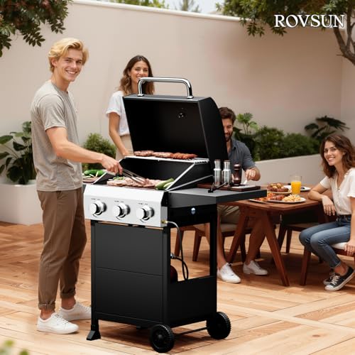 ROVSUN 3 Burner Propane Gas Grill with Foldable Side Shelves, 36000BTU BBQ Grills with Enameled Cast Iron Grates, Cabinet & Poratable Rolling Wheels for Outdoor Garden Patio Backyard Barbecue Cooking