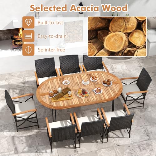 Tangkula 9 Pieces Patio Rattan Dining Set, Outdoor Oval Acacia Wood Dining Table and 8 Patio Wicker Armchairs Set with Umbrella Hole, Cushions, Metal Frame, Outdoor Dining Furniture Set for Garden