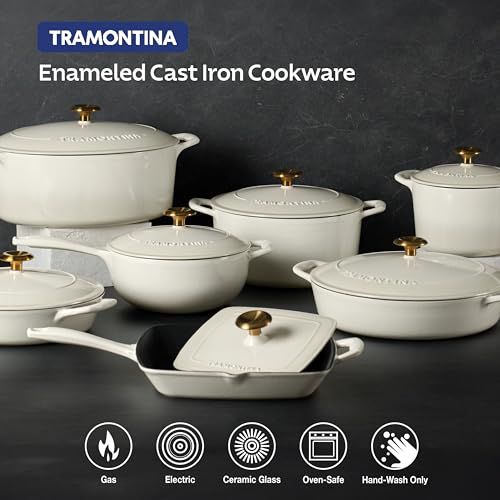 Tramontina Bestow Enameled Cast Iron Oval Dutch Oven Pot with Lid, Large 7-quart, Latte (Gold Knob)