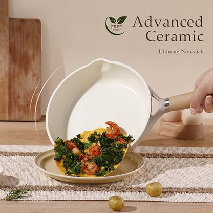 CAROTE 8" Ceramic Frying Pan with Lid, Non Stick Frying Pan Skillet Chef's Pan, Healthy & PFOA/PFAS Free, Induction-Compatible, Taupe