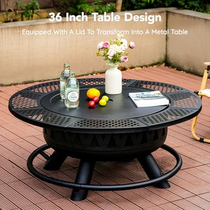 36 Inch Fire Pit with 2 Grills, Large Outdoor Firepits for Outside, Wood Burning Fireplace for Camping,Picnic,Bonfire, 3-in-1 Round Metal Table with Lid for Backyard,Patio,Party