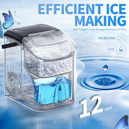 Antarctic Star Nugget Ice Maker Countertop, 34 lbs/Day Pellet Ice Machine with Self-Cleaning, Fast Ice Ready in 10 Minutes, Portable Ice Maker with Handle for Home, Office, RV, Camping(Black)