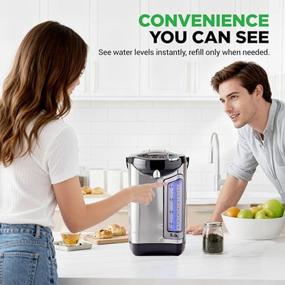 NutriChef Electric Water Boiler and Warmer - 5L/5.28 Qt Stainless Steel Hot Water Dispenser w/Rotating Base, Keep Warm Temperature Set, Auto Shut Off, Safety Lock, Instant Heating for Coffee & Tea
