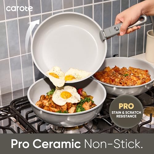 CAROTE 27pcs Ceramic Cookware Set Nonstick, Pots and Pans Set Non Stick, Non Toxic Cookware Detachable Handles, Dishwasher/Oven Safe, RV/Camping Cookware with Kitchen Utensils, Gray