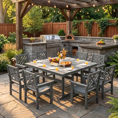 AZXZCS HDPE Outdoor Dining Set,10-Piece Outdoor Table and Chairs Include 8 Dining Chairs and 2 Pcs 62.5" Patio Dining Table with Umbrella Hole (Gray)