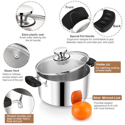8 Quart 3-Ply Cooking Stock Pot with Lid, P&P CHEF Stainless Steel Large Pot for Pasta Soup, Work on Multi Stove, Heavy Duty & Dishwasher Safe, Dual Heat-resistant Handles & Transparent Glass Lid