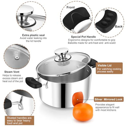 8 Quart 3-Ply Cooking Stock Pot with Lid, P&P CHEF Stainless Steel Large Pot for Pasta Soup, Work on Multi Stove, Heavy Duty & Dishwasher Safe, Dual Heat-resistant Handles & Transparent Glass Lid