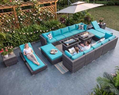 NICESOUL 20 Piece Extra Large Patio Furniture Set w/Fire Pit Table & Chaise Lounge, Modern Luxury Outdoor Group Seating w/Firepit, Comfortable 29.3" High-Back Sectional Couch Deep Seat, Gray & Teal