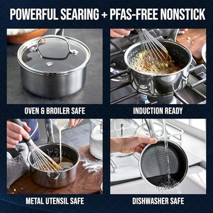 Blue Diamond Hybrid Nonstick Stainless Steel 2QT Saucepan with Glass Lid, PFAS-Free Ceramic Diamond Bond Pot, Dishwasher Safe, Stay-Cool Handle, Induction Ready, Compatible with All Cooktops