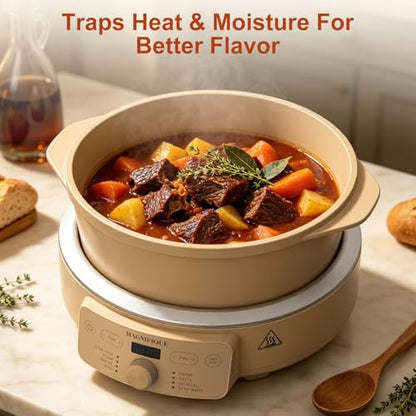 MAGNIFIQUE Slow Cooker, 4.5 Quart 8-in-1 Clay Pot Multi-Cooker, Non-Toxic Slow Cooker with Removable Clay Pot, for Rice, Pasta, Steam & Proof, Nonstick, Oven Safe Pot to 500°F, Brown