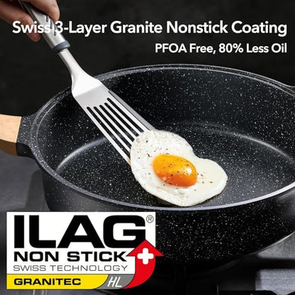 AnimoZest Nonstick Deep Frying Pan with Lid, 3.5 QT Swiss Granite Coating Sauté Pan, 10 Inch Healthy Non Stick Skillet Cooking Pan with Stay Cool Handles, PFOA Free, Induction Ready.