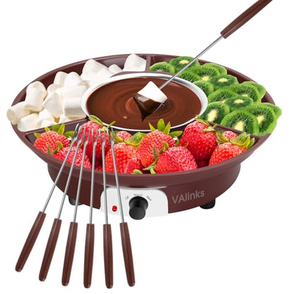 VAlinks Electric Chocolate Melting Pot Chocolate Fondue Pot Set 3-Section Serving Trays with 6pcs Dipping Forks Perfect for Housewarming Christmas Party Gifts (Brown)