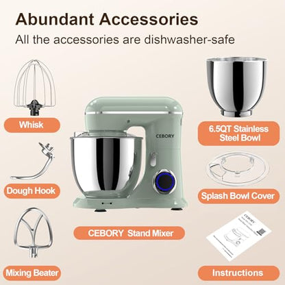 CEBORY 3-IN-1 Electric Stand Mixer, 6.5QT Bowl 660W 10-Speed Kitchen Mixer, Household Food Mixers include Dough Hook, Beater and Whisk, Bread Cake Mixer for Baking and Most Home Cooks, Green
