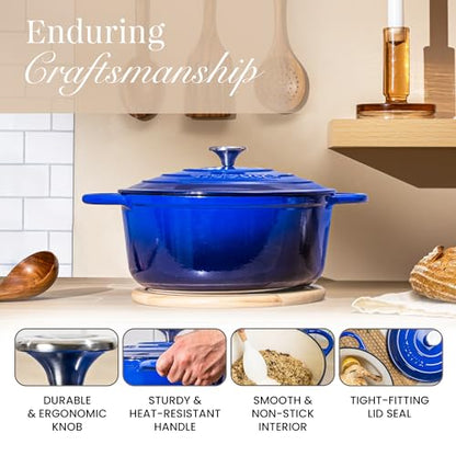 Cast Iron Pot with Lid-Non-Stick Ovenproof Enamelled Casserole Pot, Oven Safe up to 500° F-Sturdy Dutch Oven Cookware - Dark Blue, 5-Quart, 24cm by- Nuovva