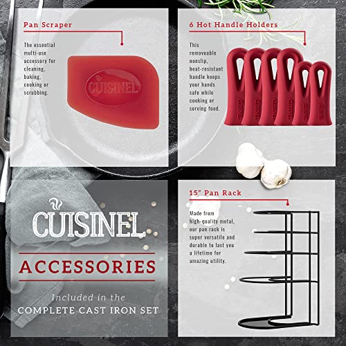 Cast Iron Cookware 18-Piece Set - Pre-Seasoned 6" + 8" + 10" + 12" Skillet + Grill Pan+Lid + Griddle + Pizza Pan + Dutch Oven+Cover/Pan + Panrack + Silicone Handle Cover + Pan Scraper/Cleaner