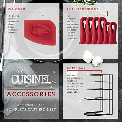 Cast Iron Cookware 18-Piece Set - Pre-Seasoned 6" + 8" + 10" + 12" Skillet + Grill Pan+Lid + Griddle + Pizza Pan + Dutch Oven+Cover/Pan + Panrack + Silicone Handle Cover + Pan Scraper/Cleaner