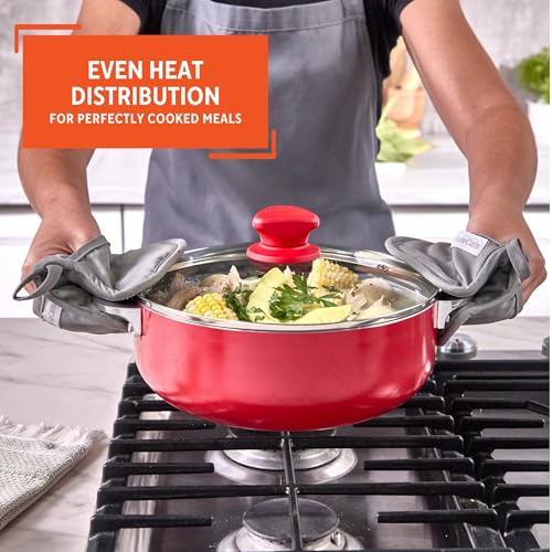 IMUSA 3.2 Qt Red Aluminum Dutch Oven with Black Ceramic Nonstick, Glass Lid & Riveted Handles – Oven Safe Caldero for Everyday Cooking