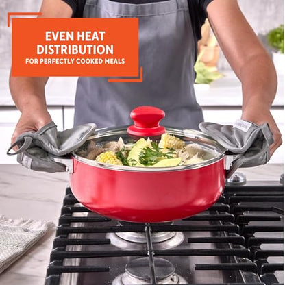 IMUSA 3.2 Qt Red Aluminum Dutch Oven with Black Ceramic Nonstick, Glass Lid & Riveted Handles – Oven Safe Caldero for Everyday Cooking