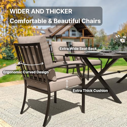 Gotland 14 Piece Outdoor Dining Set, Metal Outdoor Table and Chairs with X-Shaped Legs 1.5" Umbrella Hole, Patio Furniture Set with Waterproof Cushions, Patio Dining Sets for Backyard Deck Khaki