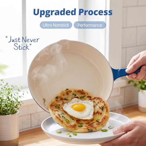 Hteizpz Enameled Cast Iron Skillet 3-Piece Set, Nonstick Heavy-Duty 11", 10", 8.6" Frying Pan, Oven & Induction Safe, Cookware for Gas, Electric, Ceramic Stovetops, Blue