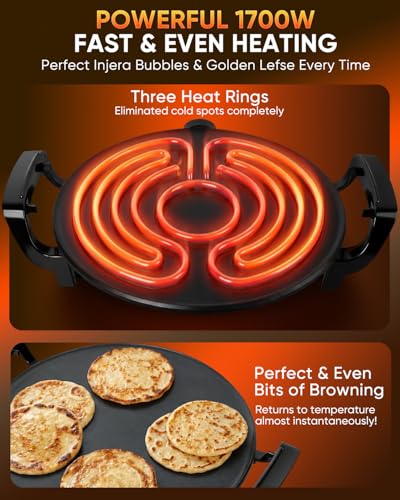 Ethiopian 18.5" Injera Maker Mitad (Mogogo), Electric Griddle with Adjustable Temperature & Time, Non-Stick Surface for Norwegian Lefse, Swedish Pancake, Indian Dosa, Digital Handle