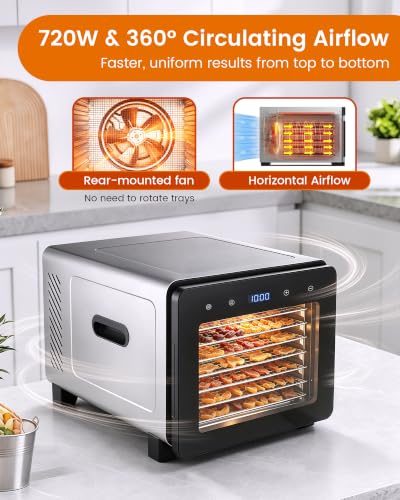 Saenchue Food Dehydrator Machine, 720W 8-Tray Stainless Steel Dryer with Clear Window Door, 95-170°F Digital Temp Control & 24H Timer, 360° Airflow for Jerky, Fruit, Herbs, Dog Treats