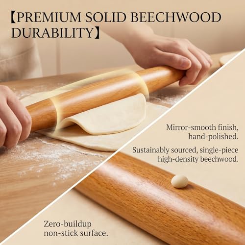 16-inch French Rolling Pin for Baking - Professional Solid Beechwood Dough Roller for Pizza, Pastry & Cookie Crust - Tapered Wooden Rolling Pins for Precision Control