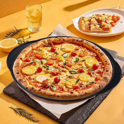 hunnycook 2P Non Stick Pizza Pans - 12” Round Pizza Tray with Holes and Handle, Carbon Steel Pizza Pan for Oven, Dishwasher Safe, PFOA Free