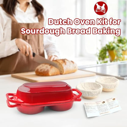 YONILL Mini Double Dutch Oven for Sourdough Bread Baking - Enameled Cast Iron Dutch Oven Pot with Lid and 5" Banneton Bread Proofing Basket Kit, Dual Round Bread Loaf Pan for Homemade Baking (Red)