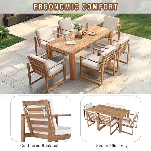 Hlcodca 7 Piece Patio Dining Table Set with Umbrella Hole, Outdoor Acacia Wood Furniture Set with Removable Cushion for Garden, Backyard, Lawn, Poolside (Beige,Light Teak)