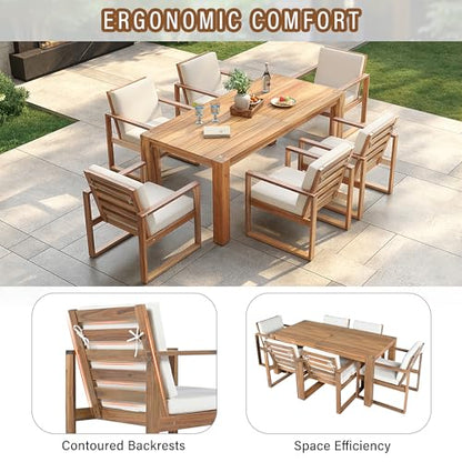 Hlcodca 7 Piece Patio Dining Table Set with Umbrella Hole, Outdoor Acacia Wood Furniture Set with Removable Cushion for Garden, Backyard, Lawn, Poolside (Beige,Light Teak)