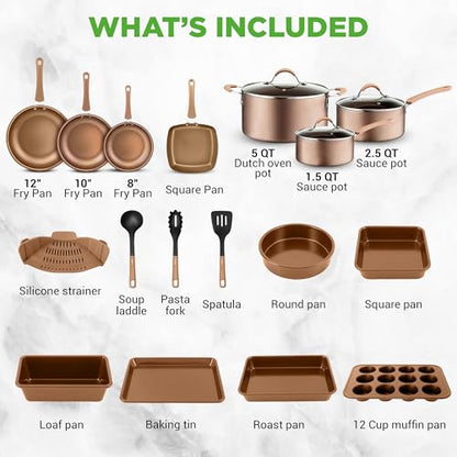 NutriChef 20-Piece Pots and Pans Set Non Stick – Induction Cookware Set, PFAS-Free Nonstick Cookware for All Cooktops, Includes Bakeware & Kitchen Utensils